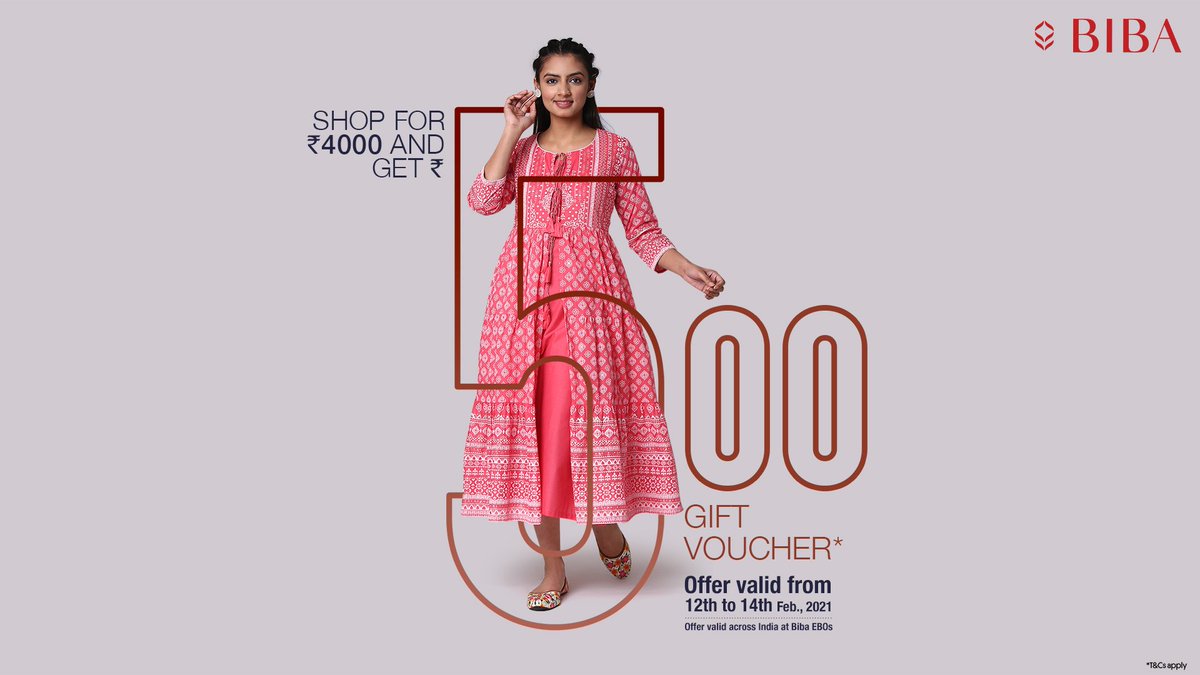 Hurry up! Call it a shopping date and make the most of it.
Shop at your nearest #Biba store* for Rs.Β 4000 and get a Rs. 500 gift voucher.Β
*Offer valid across India at Biba stores.
#BibaIndia #SpringSummerCollection #Valentine #ValentinesDay #ValentineGift #VisitStore https://t.co/0bH4dUBCYB