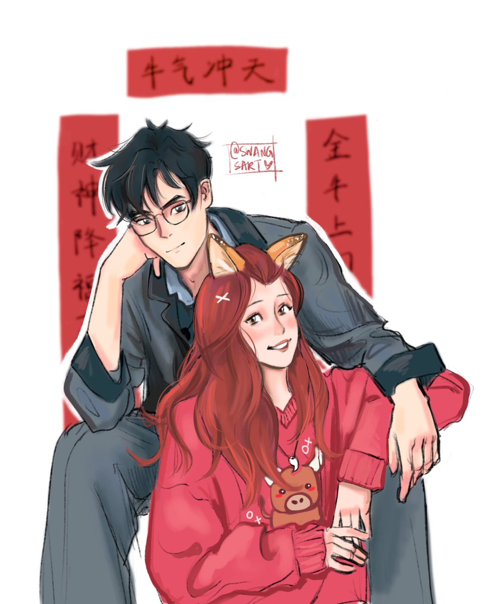 swangsart's tweet photo. Happy lunar new year from James and scarlet !! #LunarNewYear2021 #spellsfromhell #webtoon https://t.co/8H8Qopw7WD