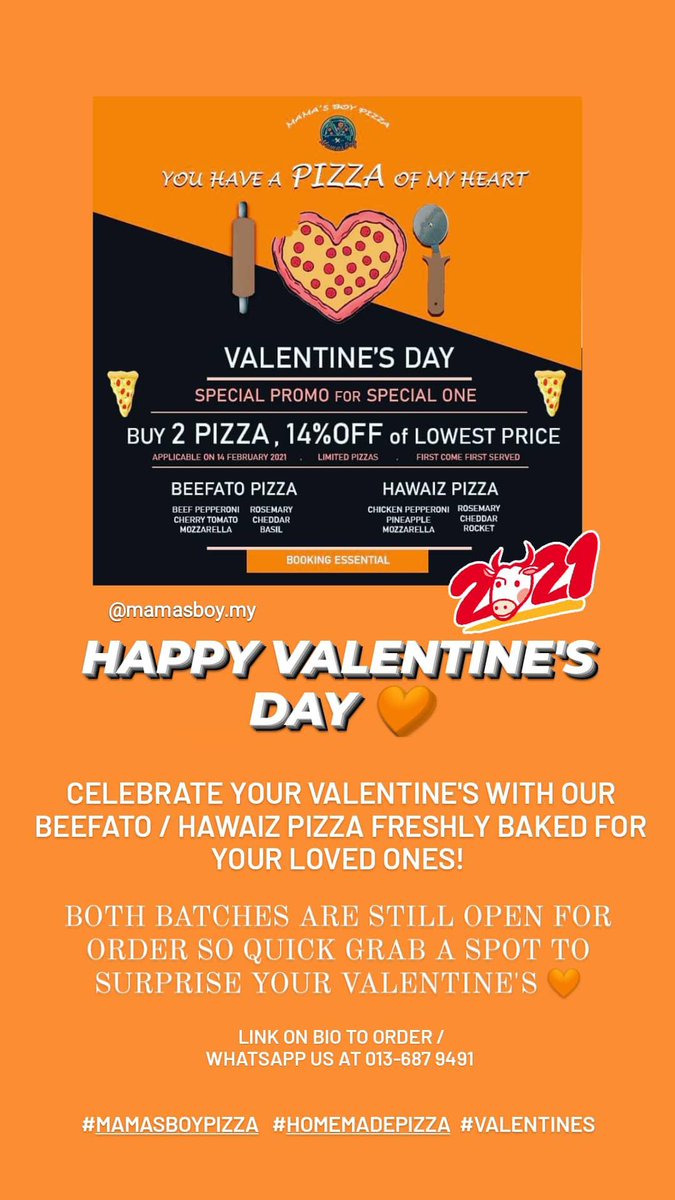 MamasboyMy's tweet image. HAPPY VALENTINE'S DAY 🧡 
SURPRISE YOUR VALENTINE'S WITH OUR PIZZA NOW! 🔥
VALENTINE'S DEALS
BEEFATO + BEEFATO- RM31.62 𝒇𝒓𝒐𝒎 R̶M̶3̶4̶
BEEFATO + HAWAIZ- RM 29.90 𝒇𝒓𝒐𝒎 R̶M̶3̶2̶
HAWAIZ + HAWAIZ- RM 27.90 𝒇𝒓𝒐𝒎 R̶M̶3̶0̶

LINK ON BIO TO ORDER
#ValentinesDay #HappyValentine