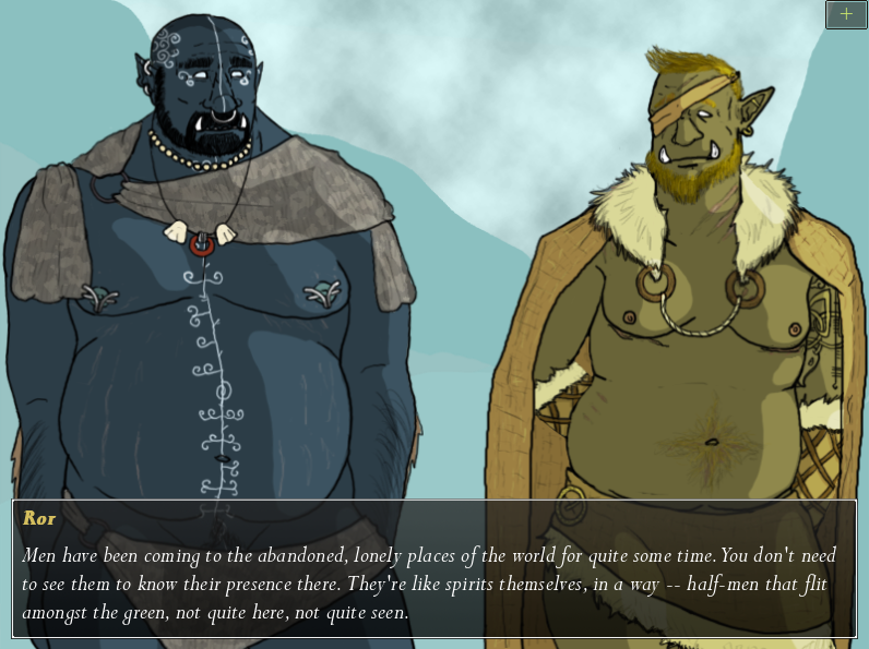 Tusks: The Orc Dating Sim ($2.00) - what it says, but so much more too. travel with a band of queer orcs on an annual journey to a mythical version of scotland's highlands. explores intimacy, culture, bodies, and one's relation to all of them.  https://hxovax.itch.io/orc-dating-sim 