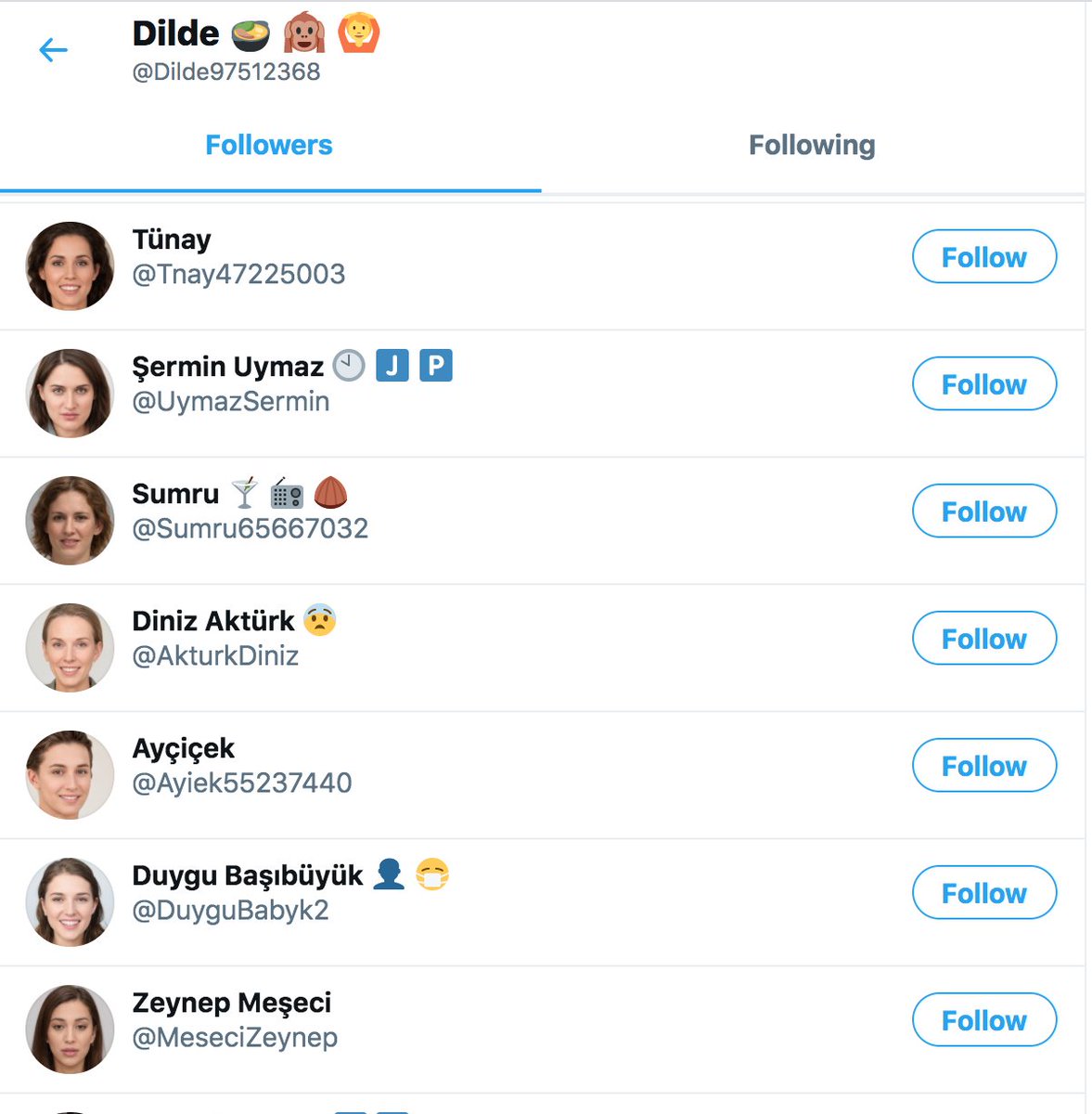 Meet  @Dilde97512368, a Twitter account with a GAN-generated profile pic that is followed by lots of other accounts with GAN-generated pics.(GAN = "generative adversarial network", the AI technique used by  https://thispersondoesnotexist.com  to generate fake face pics.)cc:  @ZellaQuixote