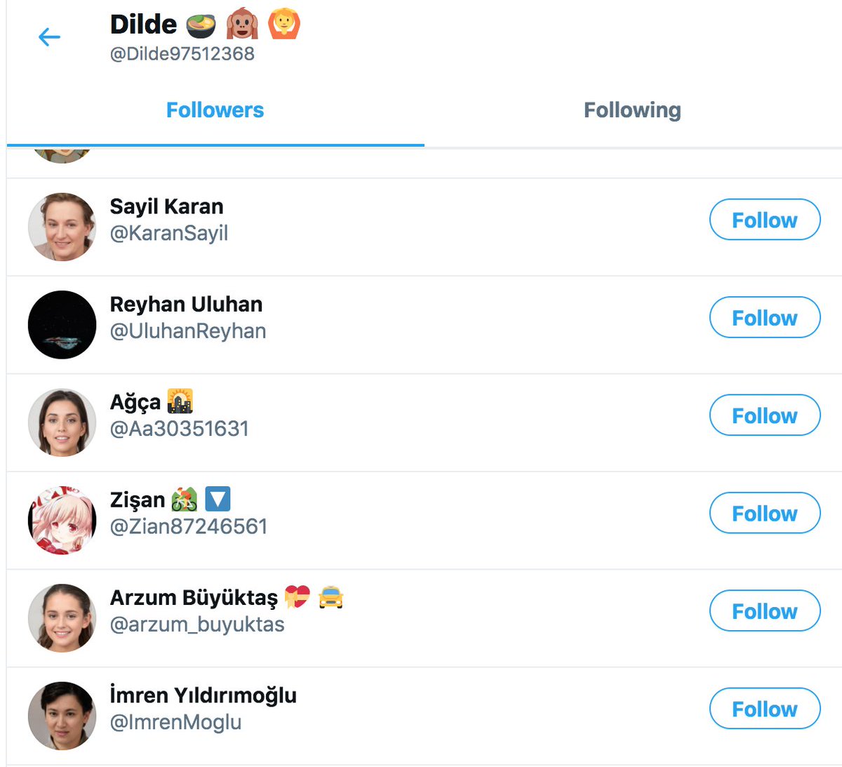 Meet  @Dilde97512368, a Twitter account with a GAN-generated profile pic that is followed by lots of other accounts with GAN-generated pics.(GAN = "generative adversarial network", the AI technique used by  https://thispersondoesnotexist.com  to generate fake face pics.)cc:  @ZellaQuixote