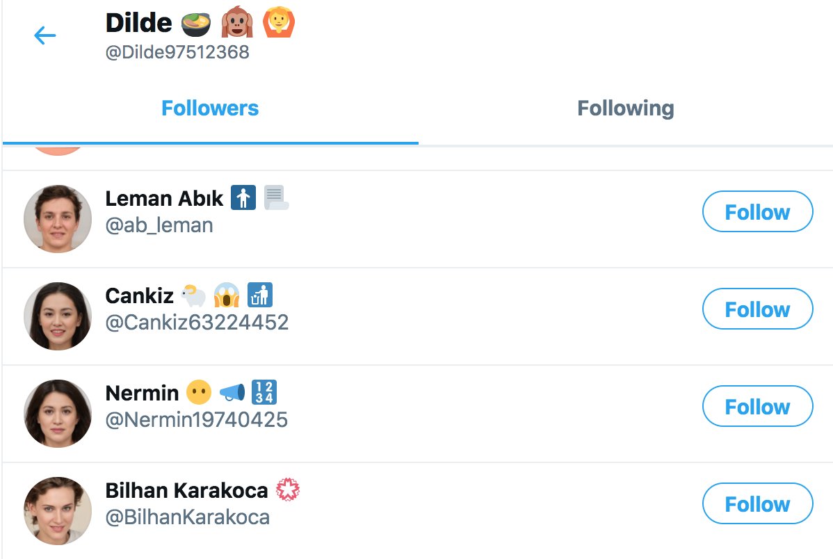 Meet  @Dilde97512368, a Twitter account with a GAN-generated profile pic that is followed by lots of other accounts with GAN-generated pics.(GAN = "generative adversarial network", the AI technique used by  https://thispersondoesnotexist.com  to generate fake face pics.)cc:  @ZellaQuixote