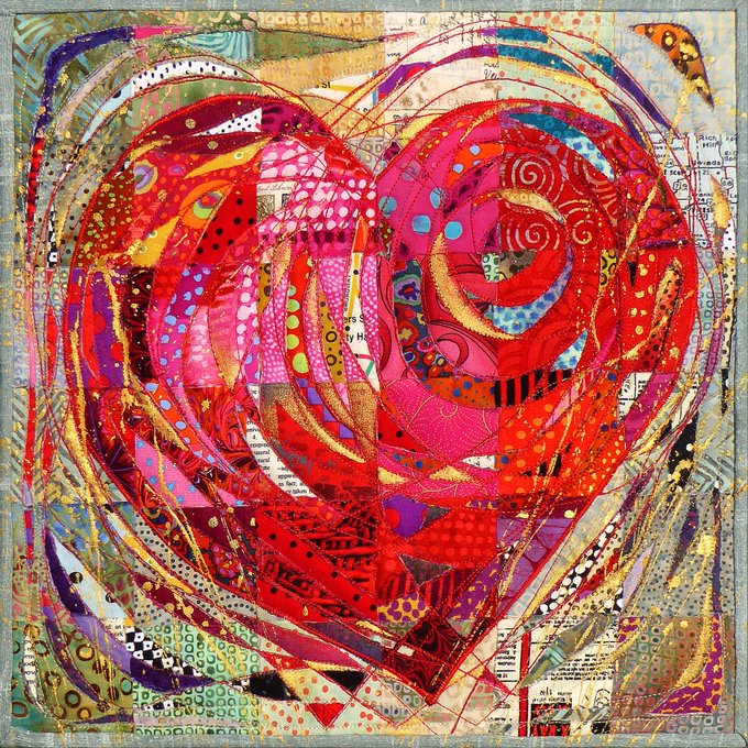 'With Open Heart', mini art quilt by contemporary textile artist Nancy Messier #womensart