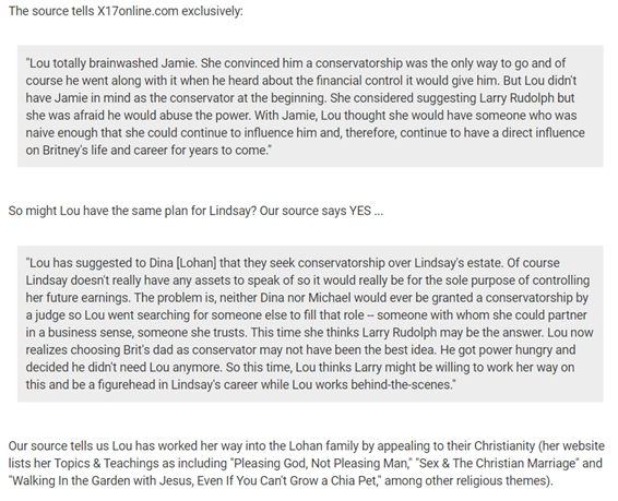 In 2010, we learned that Lindsay Lohan was Lou Taylor's next target after Britney. She became La Lohan's business manager and X17 got hold of the tidbit that Lou and Dina Lohan were planning a c-ship for LiLo as well.