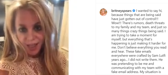 When  #FreeBritney blew up in early 2019, when Britney had been involuntarily hospitalized, “Britney” posted a video saying "all is well" on Instagram breaking a long lull of months. In the caption, however, she mentions “fake emails” by Sam Lutfi in a way unusual for her.