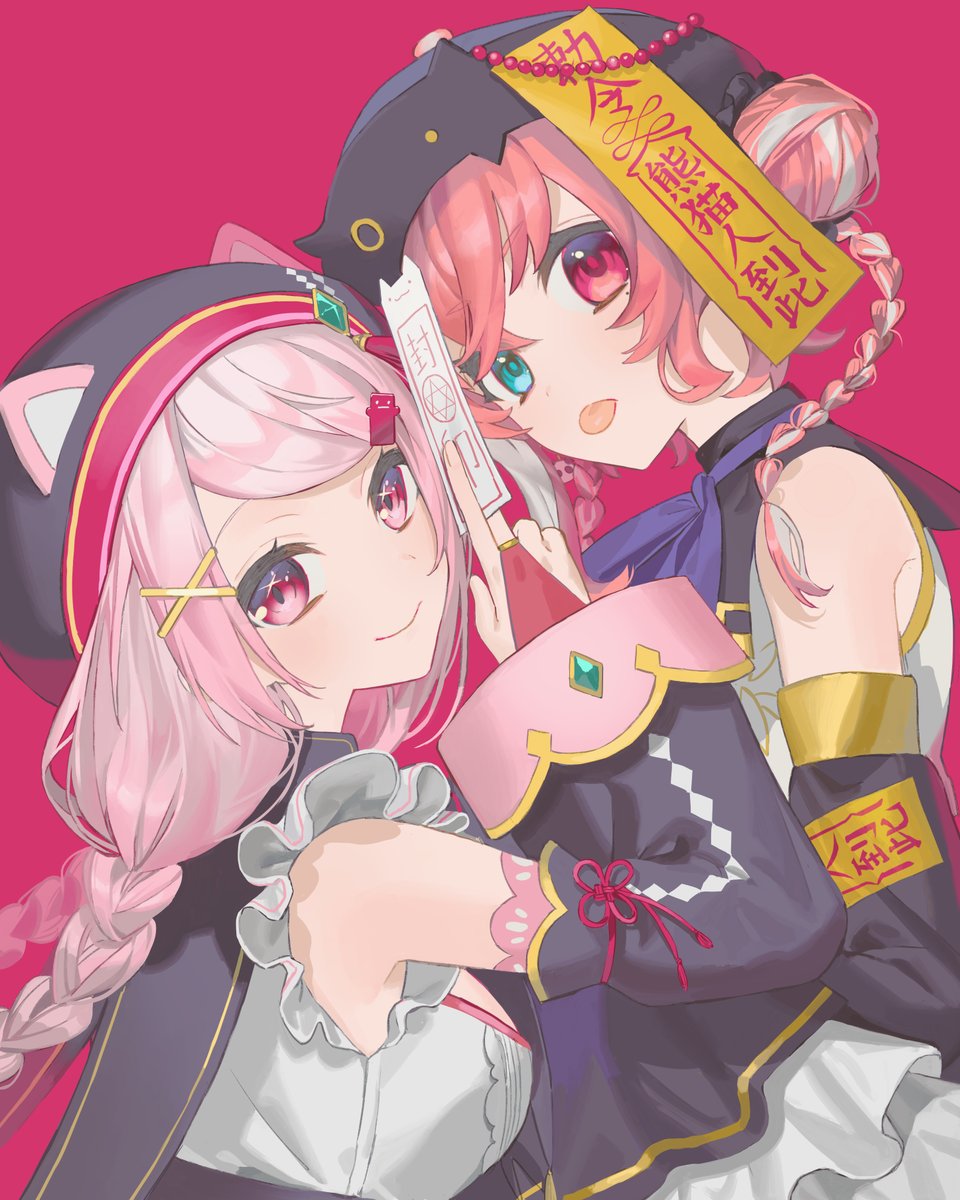 sasaki saku ,shiina yuika multiple girls 2girls ofuda pink hair detached sleeves heterochromia braid  illustration images