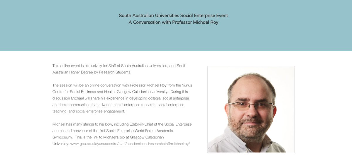 SharonZivkovic's tweet image. South Australian Universities Social Enterprise Event. A Conversation with Prof @michaeljamesroy from @YunusCentreGCU Tuesday, 7:30 pm ACDT. Not to be missed!! Thrilled that staff and HDR students from all of SA's universities have registered. 
communitycapacity.com.au/a-conversation…