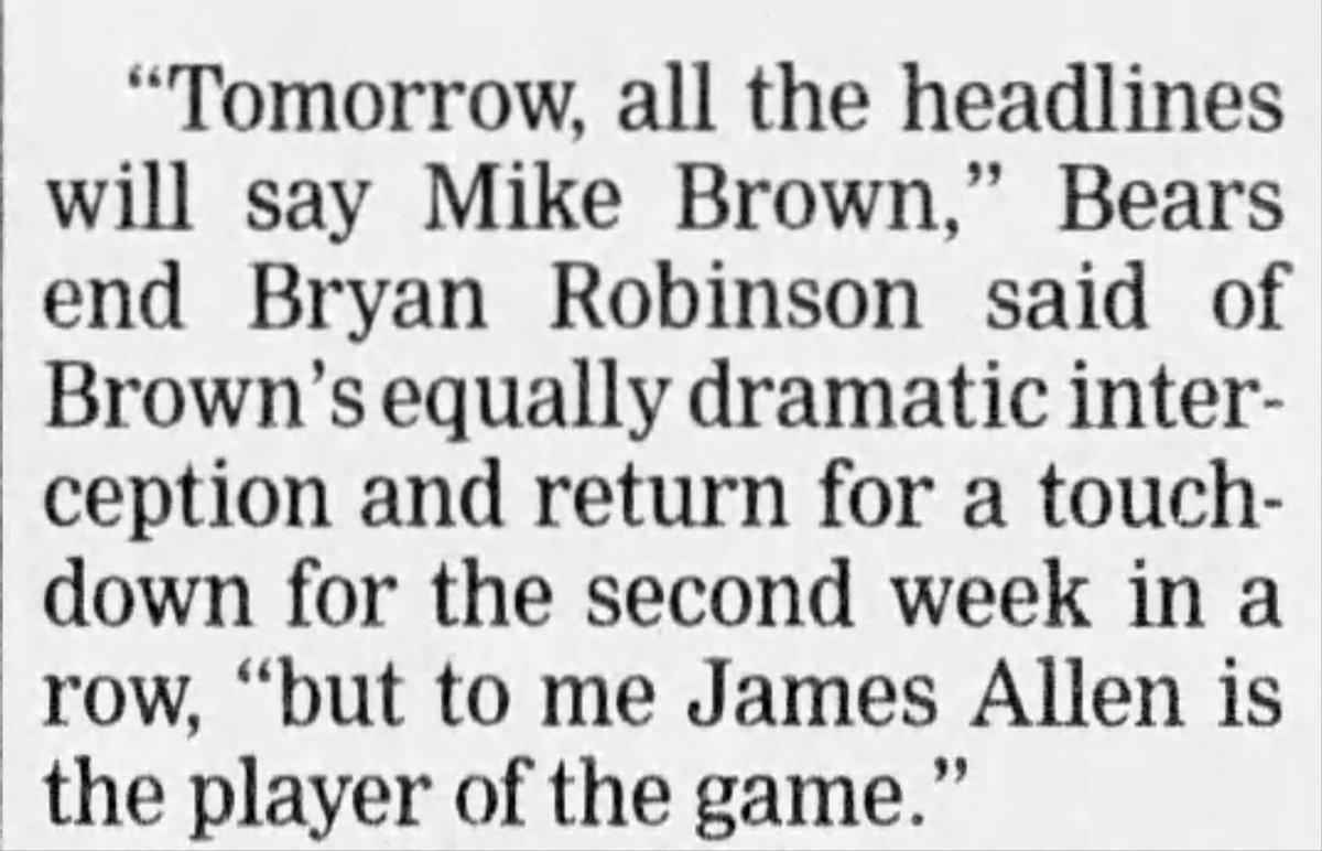 For Bears fans everywhere, James Allen remains the #2 hero of this fantasy fairytale, just after Mike Brown. As the late Bryan Robinson (RIP) said: "Tomorrow, all the headlines will Mike Brown. But to me, James Allen is the player of the game."