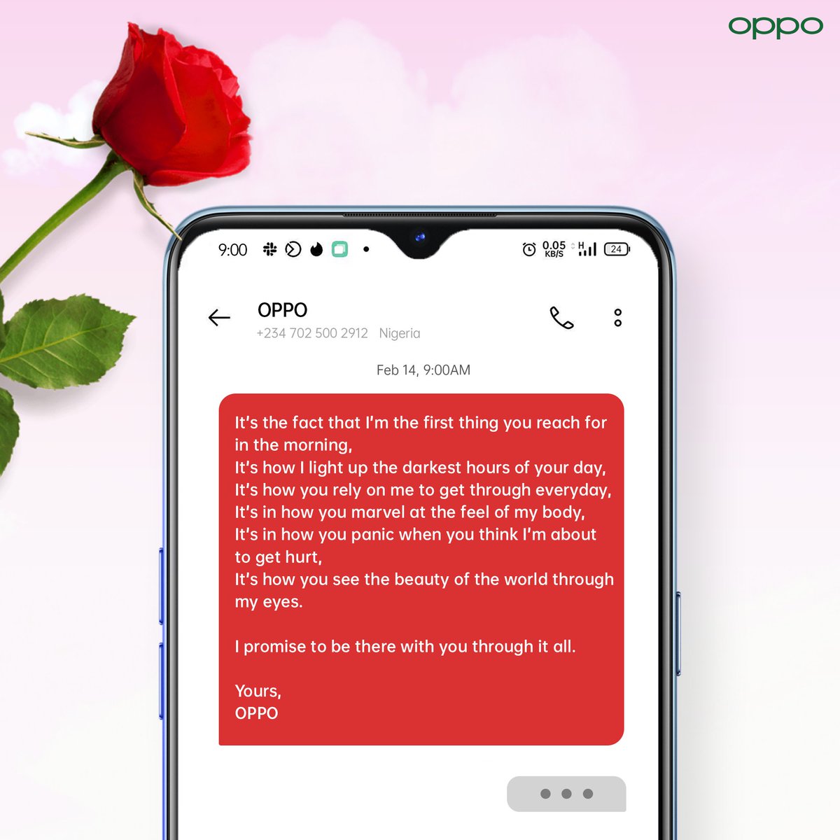 OPPONigeria's tweet image. Roses are red,
Violets are blue,
Even if you don’t have a boo
OPPO dey for you. 

Happy Valentine&apos;s day 💚