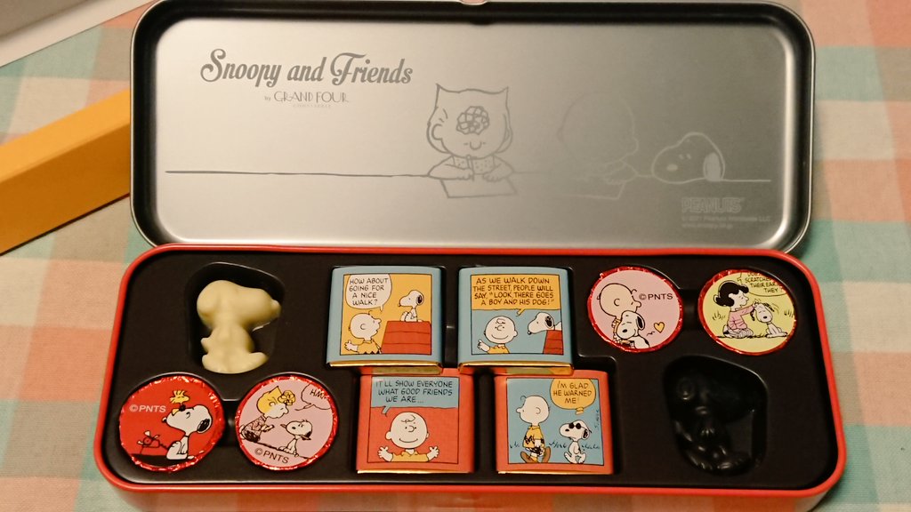 めぇりぃ 友達からもらったバレンタインチョコレート 可愛いスヌーピー 光の加減でチャーリー ブラウンの存在感が 薄い