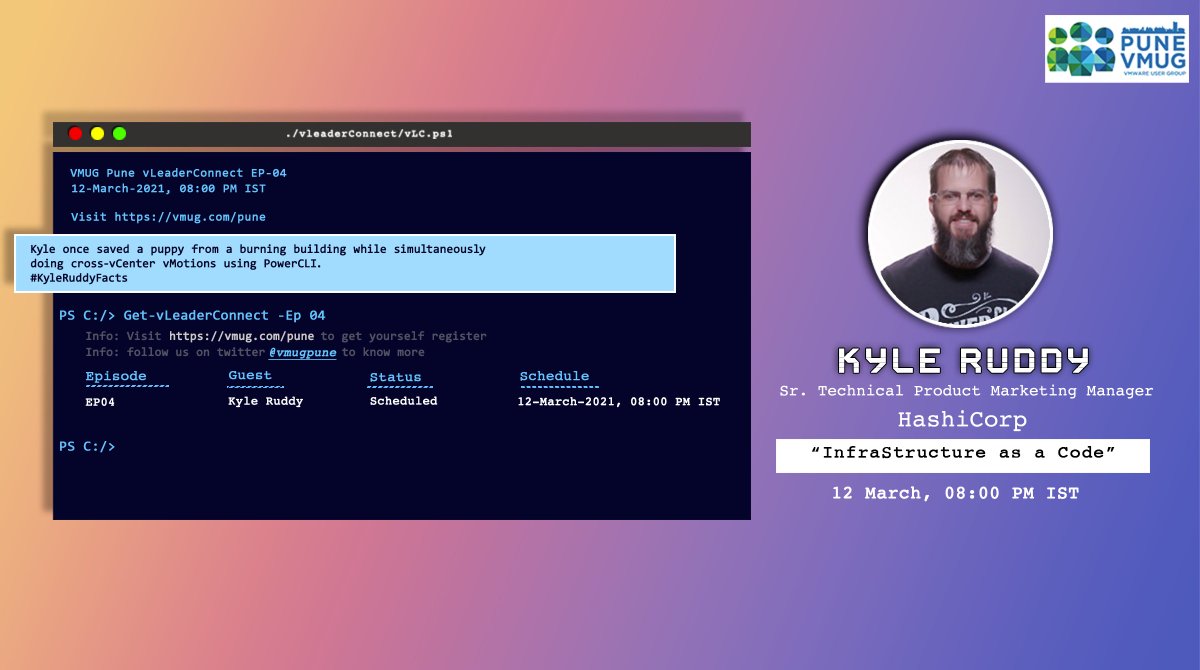 📢📢📢
Event Alert! 12-March-2021, 8:00 PM IST

We are thrilled to host <a href="/kmruddy/">Kyle Ruddy</a> at <a href="/vmugpune/">VMUG Pune</a>. Please get yourself register for our next episode of vLeaderConnect to hear 'Infrastructure as a Code' from the man himself. 

Registration Link: zoom.us/webinar/regist…
