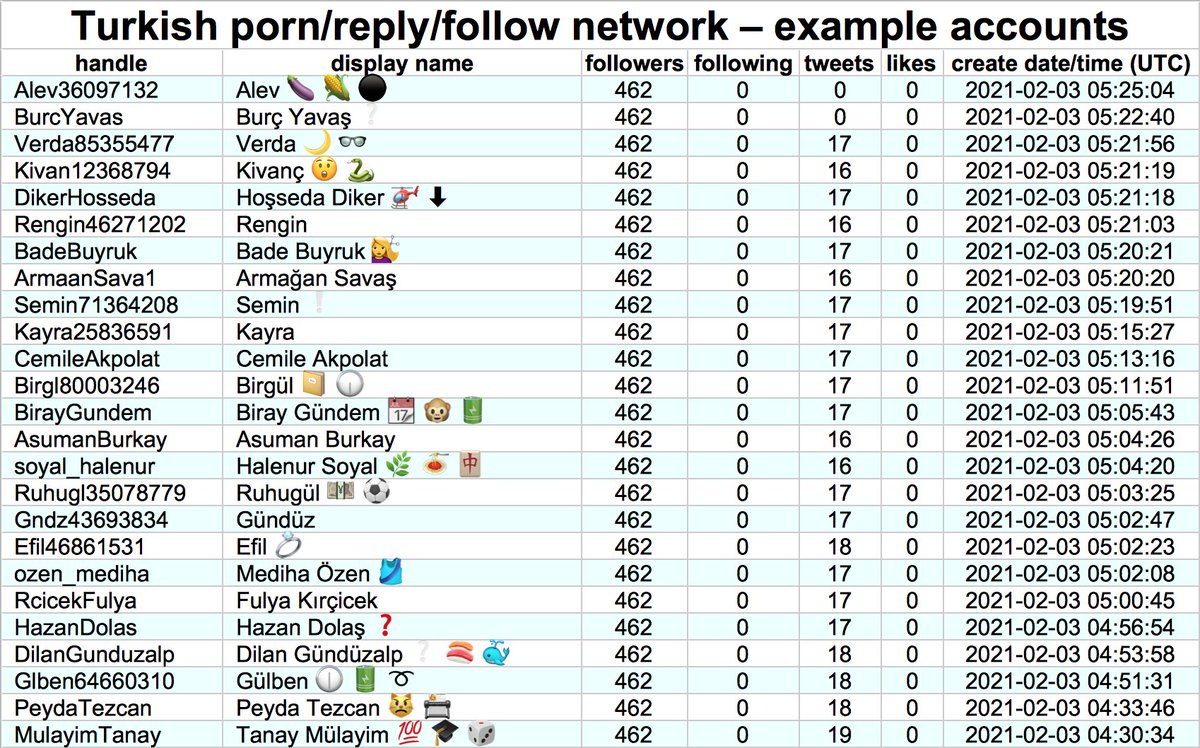 Almost all of the accounts in this network either A) follow a three-digit number of accounts and have few or no followers or B) have a three-digit number of followers and follow few or no accounts. Very few of them follow accounts outside of the network.
