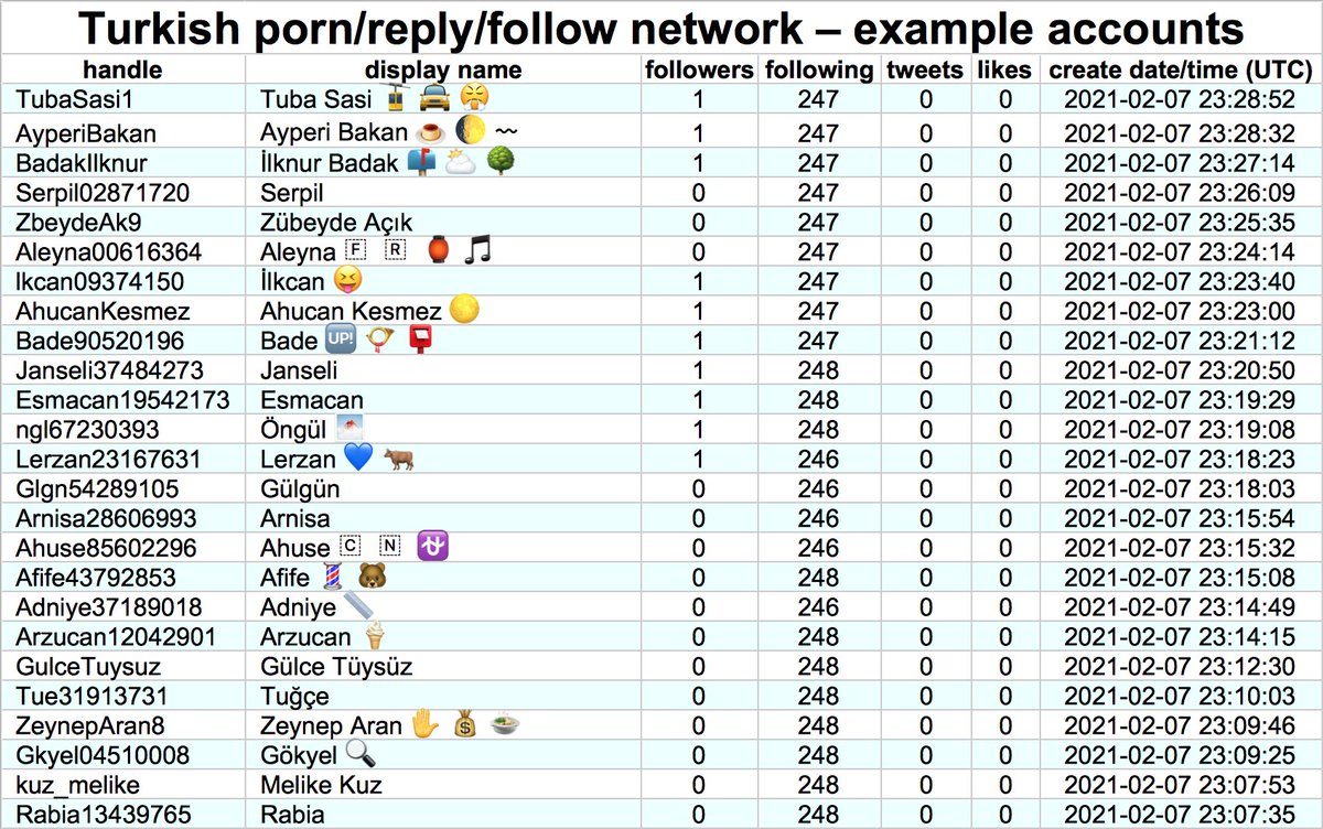 Almost all of the accounts in this network either A) follow a three-digit number of accounts and have few or no followers or B) have a three-digit number of followers and follow few or no accounts. Very few of them follow accounts outside of the network.