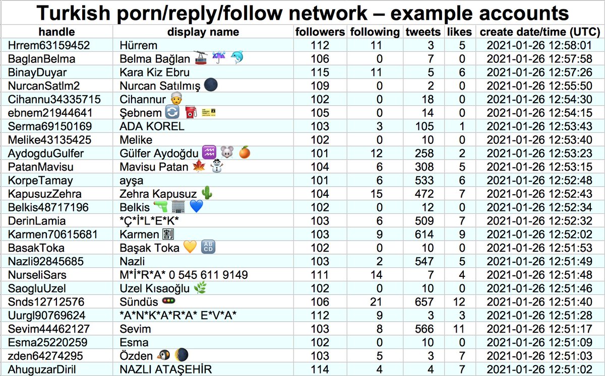 Almost all of the accounts in this network either A) follow a three-digit number of accounts and have few or no followers or B) have a three-digit number of followers and follow few or no accounts. Very few of them follow accounts outside of the network.