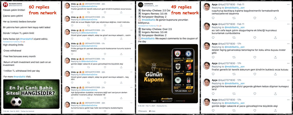 This network replies en masse to specific tweets, with dozens or hundreds of members replying to the same tweet. They reply to two styles of tweet:• porn tweets, including the network's own content• online sports betting tweets