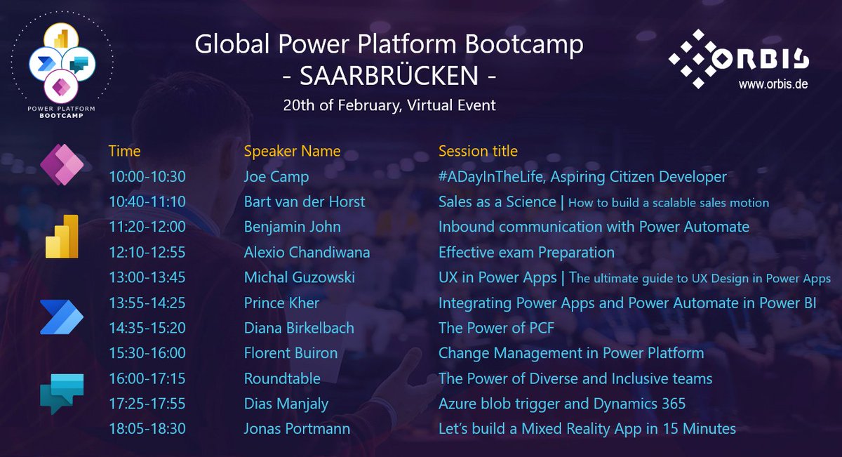 SheCodez's tweet image. This coming Saturday, on the 20th of February, 10am CET, tune in from the comfort of your couch to #GlobalPowerPlatformBootcamp, SAARBRÜCKEN edition, organized by @ORBIS_AG 

🚀💡We have an impressive lineup of speakers and topics. 

Registration link: lnkd.in/dgnTX7y