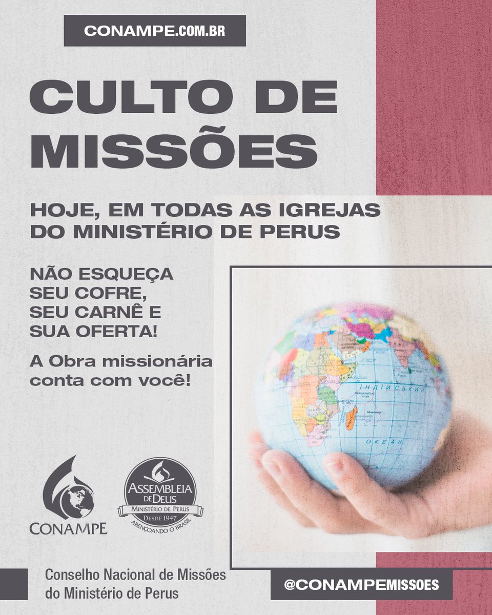 adperusoficial's tweet photo. HOJE temos os cultos de missões em nossas igrejas da ADPerus.
⠀
A obra missionária não pode parar. Por isso, não esqueça de contribuir com os cofrinhos, carnês ou através de nossa conta.
⠀
Missões se faz indo, orando e contribuindo!! 🙏🏼🌎❤
⠀
#ADPerus #EuFaçoMissões #Conampe https://t.co/GldIcR6Xzt