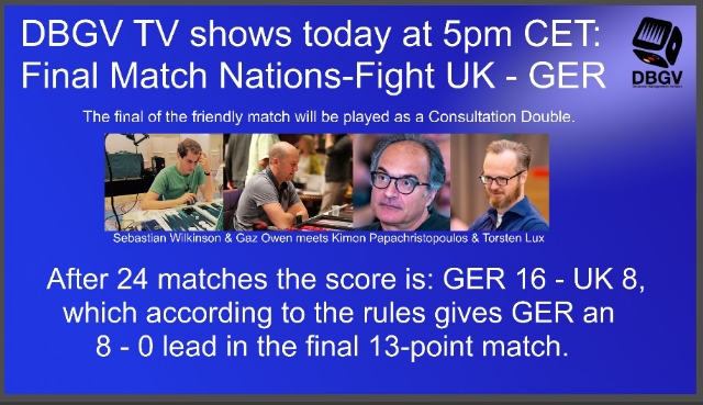 MartinBarkwill's tweet photo. UK 8 GERMANY 16. They think it's all over. It isn't! A consultation doubles final takes place @ 1600 UK time.  Germany need 5 points and UK 13 to reach 21 points to win the event. Gaz Owen &amp; Sebastian Wilkinson represent UK &amp; Kimon P and Torsten Lux represent Germany. https://t.co/XXBZ8i8qlL