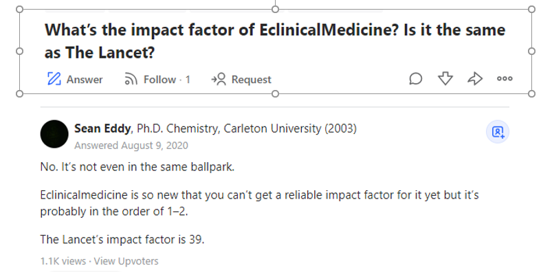 As you can see its not the "LANCET" - it is in the same publishing house but that is not the same thing at all - Ivor makes this mistake a lot, this should speak to his style over substance and scientific illiteracy. It's not to disparage Eclinical medicine but the lancet its not