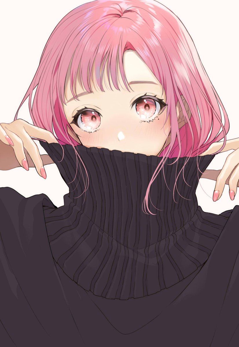 1girl pink hair solo looking at viewer sweater white background pink eyes  illustration images