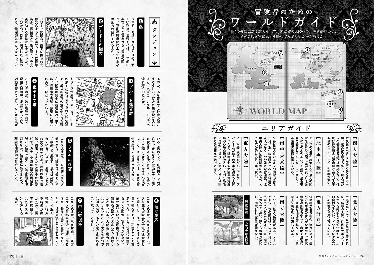 ハルタ 冒険者バイブル 第三章 世界 は ダンジョン飯 の世界をより詳細に見る まさにワールドガイドです 世界地図や各人種の解説 そして読み応えたっぷりの用語集 ハーフフット の名前の由来は 島 以外の迷宮は などなど もちろん