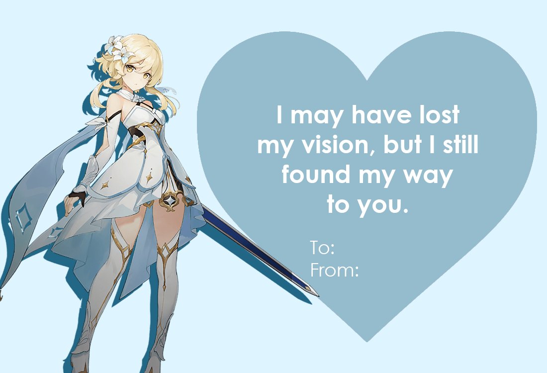 GenshinEdits's tweet photo. Requested Lumine Valentine's Day cards https://t.co/iSNJongBEH