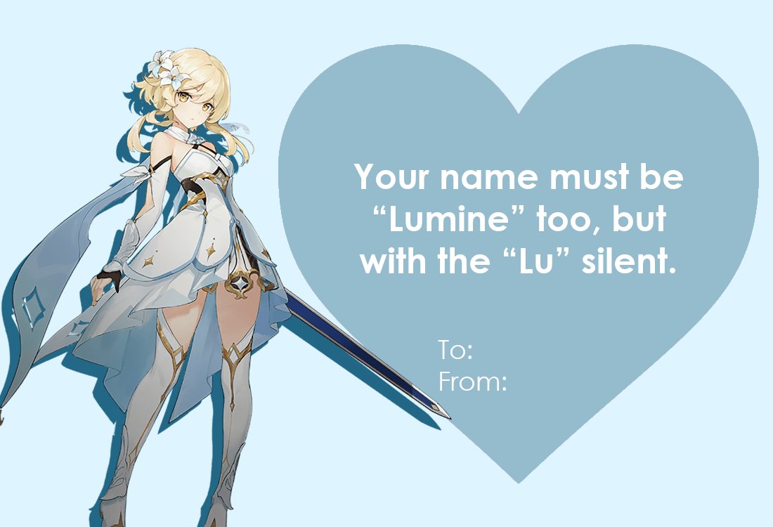 GenshinEdits's tweet photo. Requested Lumine Valentine's Day cards https://t.co/iSNJongBEH
