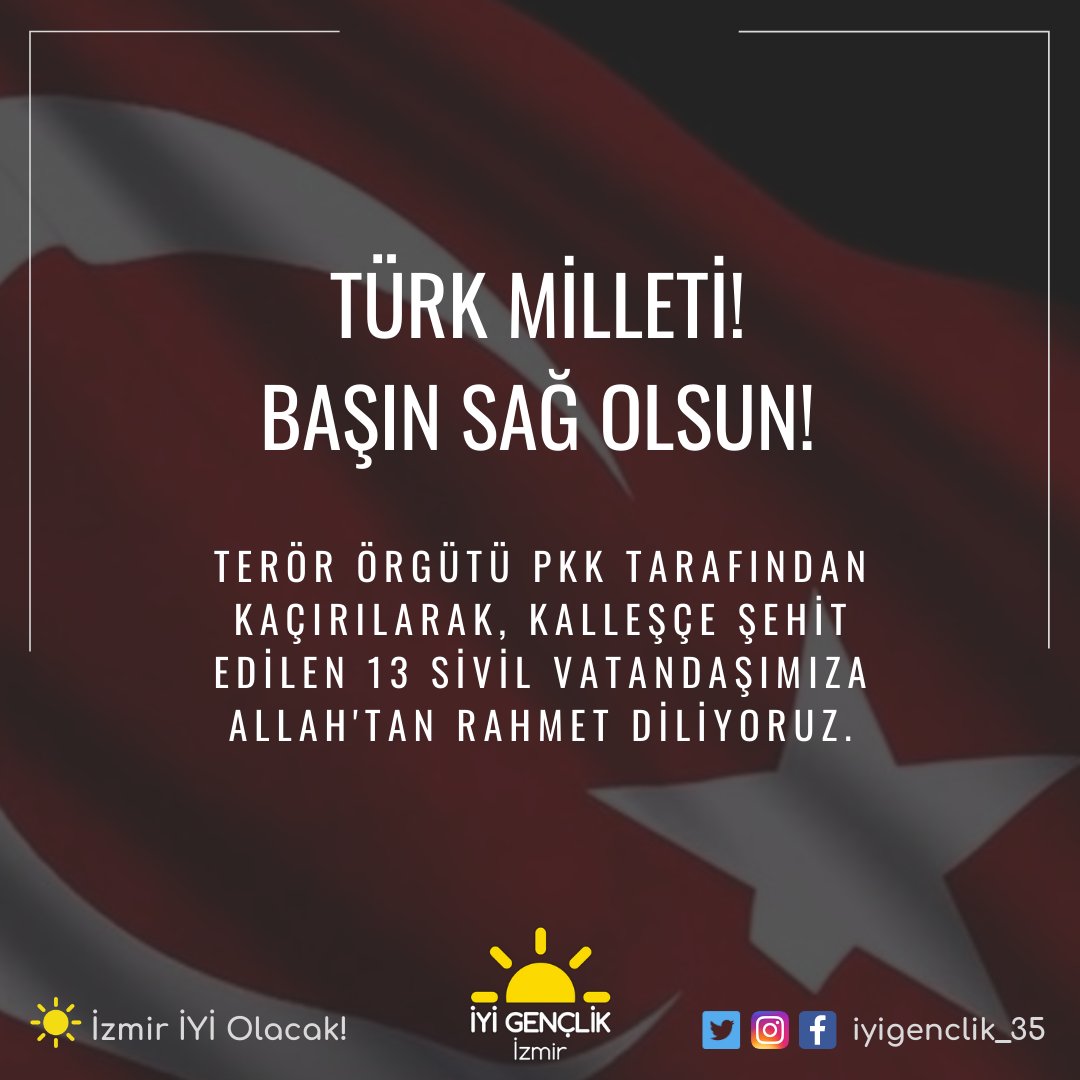 Terör örgütü PKK tarafından kaçırılarak, kalleşçe şehit edilen 13 sivil vatandaşımıza Allah'tan rahmet diliyoruz.

#KahrolsunPKK
#Gara