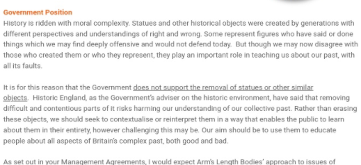 What is the government's position on Contested History?'Retain and Explain'The Culture Secretary wrote to Heritage bodies in September - for "contextualising and reinterpreting" "however challenging". "Educate about all aspects of Britain's complex past, both good and bad"