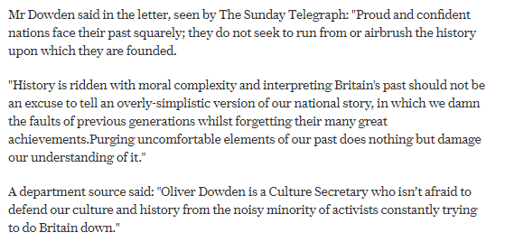 Now The Telegraph has him sending another letter. Similar policy (Retain and Explain). But the opposite tone He is against an "overly simplistic version, in which we damn the faults of previous generations whilst forgetting their many achievements".