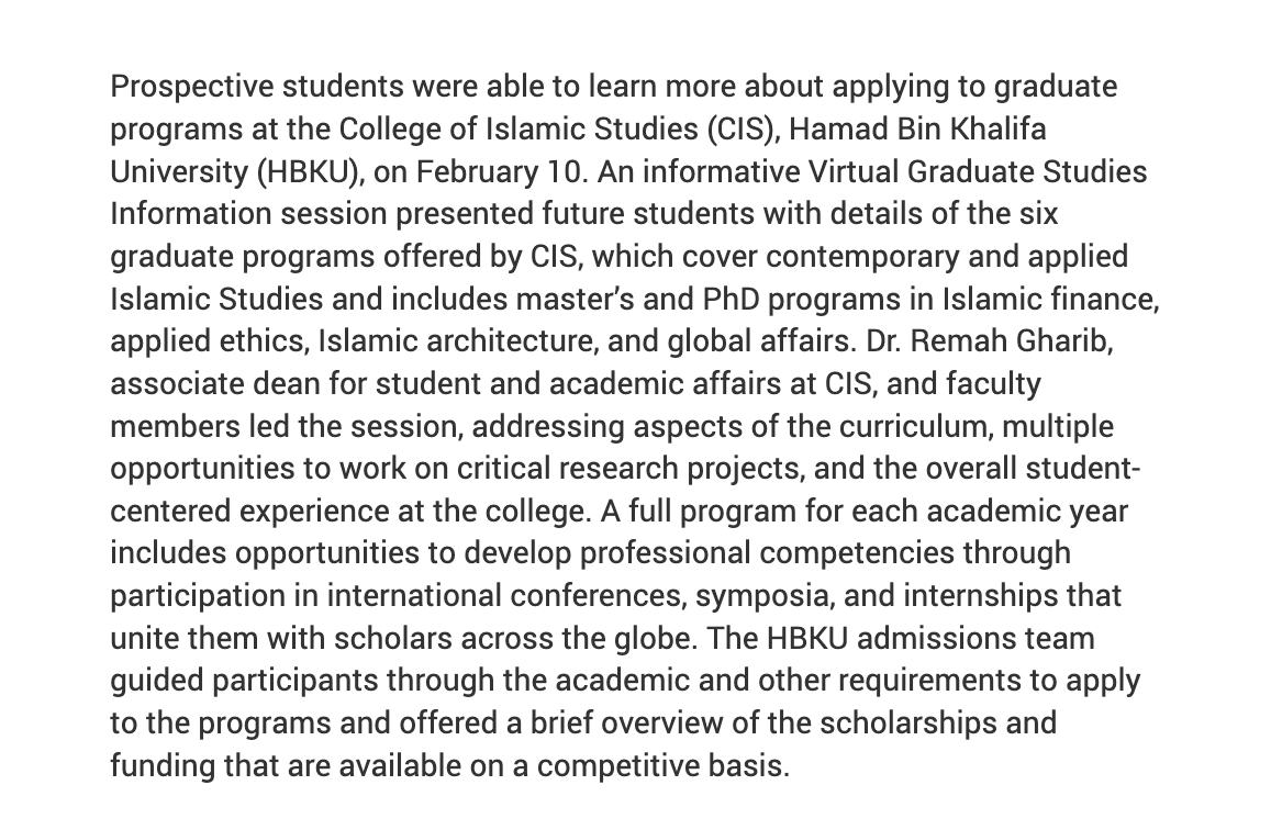 HBKU_CIS's tweet photo. The #CollegeOfIslamicStudies Held Virtual Graduate Studies Information Session:

https://t.co/WhyduKBjNc

- One #PhD in #IslamicFinance &amp; #Economy
- Five #MastersDegrees (Three #MastersOfArts and two #MastersOfScience)

The deadline to apply: 15 March 2021. https://t.co/aARSoOTqce