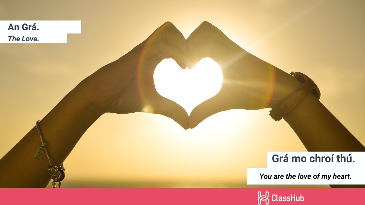 ClassHubapp's tweet image. Gaeilge Word Of The Day

An Grá ➡️  The Love
You are the love of my heart.  
Grá mo chroí thú.

How would you use this #gaeilge word in a sentence?

Share with us your answer in the comments below.

#classhub #edchatie #learngaeilge