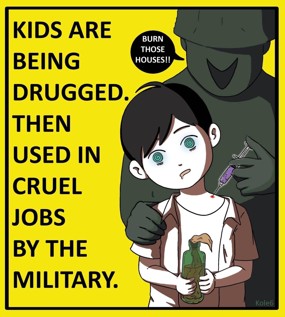 Myanmar Military has been drugging kids to use in cruel jobs like burning down the houses. This is clearly violating the children's right.
The corrupted military leaders must be taken down before everything's too late.
#WhatIsHappeningInMyanmar 
#HumanRightsViolations
#Feb14Coup