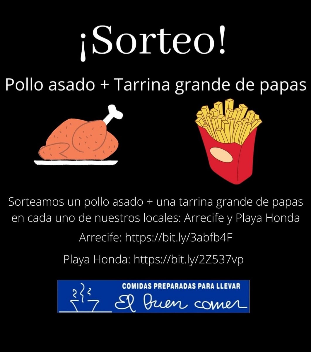 Buen domingo, no se olviden que hasta el 23 de febrero sortearemos un pollo + tarrina de papas, en El Buen Comer, la base del sorteo es darse de alta en el sorteo, así de sencillo, daremos el nombre del ganador por las mismas vía, facecbook e Instagram. Suerte