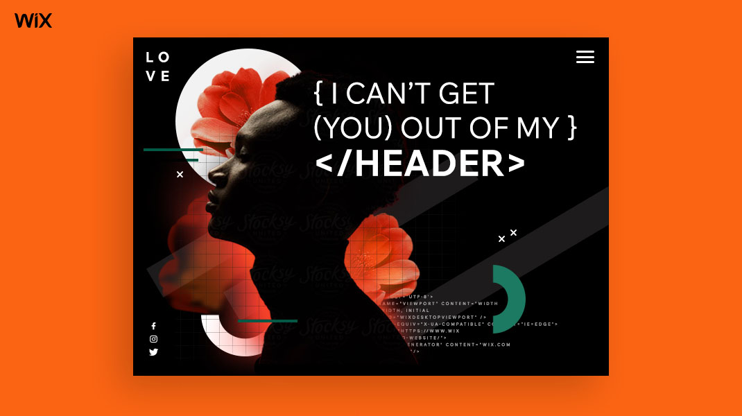 Orange background, black browser window with a collage of romantic elements and overlaid text: "I can't get you out of my header".