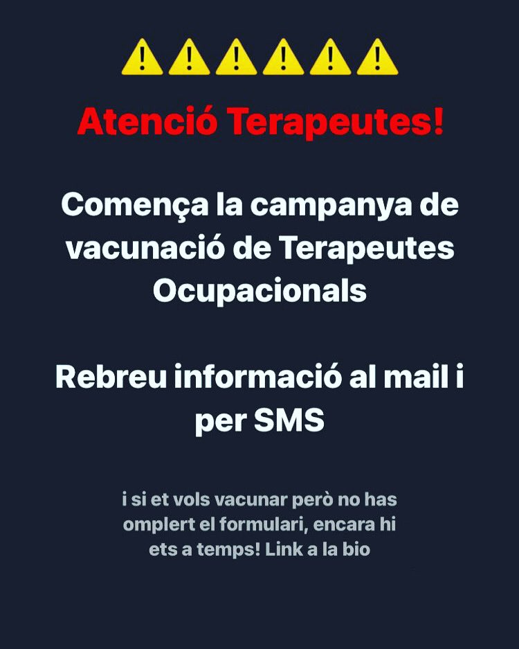COTOC_cat's tweet photo. ⚠️ ATENCIÓ TERAPEUTA ⚠️
S’inicia la campanya de vacunació 🦠!
💉 Si no estàs vaccinada/vacunada i vas omplir el registre que us vam passar rebreu tota la info via sms i/o correu electrònic!
Si no t’has registat encara estàs a temps!! A què esperes? 🤷🏾‍♀️🤷🏼‍♂️ 
#vaccina o #vacuna
#COVID https://t.co/cOi8p8QMje
