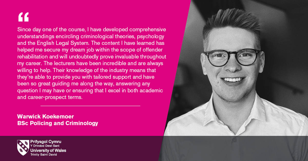 StudyUWTSD's tweet photo. You can make a difference and find your dream career.

Warwick studied BSc Policing &amp; Criminology at UWTSD. 

👉 Discover more: https://t.co/ZVcWRV3Ip3

Join us at our next taster session:
10th March, 10-11am

#Policing #Criminology #Employability  
🎓 #FromHigherEdToHired @UWTSD https://t.co/vQP8hIJWq8