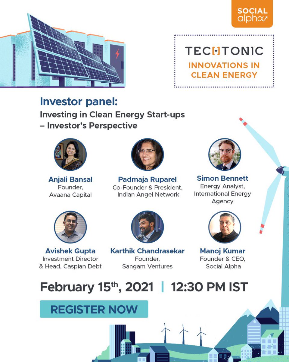 Can investments in clean energy &amp; climate innovations create large-scale social, economic and environmental impact? Can these start-ups become the next Tesla? 

Tune into our investor panel at lnkd.in/epicK9c 

<a href="/padmajaian/">padmaja ruparel</a> <a href="/Avishek_Gupta/">Avishek Gupta</a> <a href="/cs_anjalibansal/">Anjali Bansal</a> <a href="/quickgunmurugun/">Karthik Chandrasekar</a>