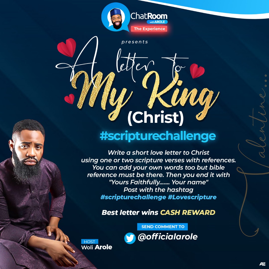 OfficialArole's tweet photo. Tweet your own "Love letter to your KING(Christ) with the hashtag #scripturechallenge #Lovescripture https://t.co/6xstEr9Km9