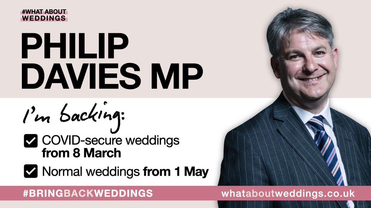 A huge thank you to <a href="/EstherMcVey1/">Esther McVey</a> and <a href="/PhilipDaviesUK/">Sir Philip Davies</a> who have marked Valentine’s Day by calling on <a href="/BorisJohnson/">Boris Johnson</a> to plan for the return of weddings and give hope to quarter of a million couples and 400,000 workers.

#whataboutweddings #bringbackweddings 

dailymail.co.uk/news/article-9…