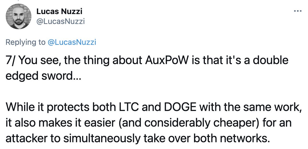 15/ Merged mining doesn't make it "easier (and considerably cheaper)" to attack both network at the same time. The upfront costs and incremental costs is not any less.