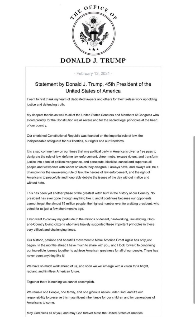 jcokechukwu's tweet photo. TRUMP REACTS TO ACQUITTAL: “Our historic, patriotic and beautiful movement to Make America Great Again has only just begun. In the months ahead I have much to share with you...” https://t.co/lNgRoH5PRF
