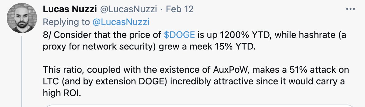 17/ The only difference with merged mining is that if you have the resources to 51% attack Litecoin, you can also 51% attack Dogecoin at the same time. But what good does that do?It's not more attractive to attack Litecoin. There's no higher ROI to attack Litecoin and Dogecoin.