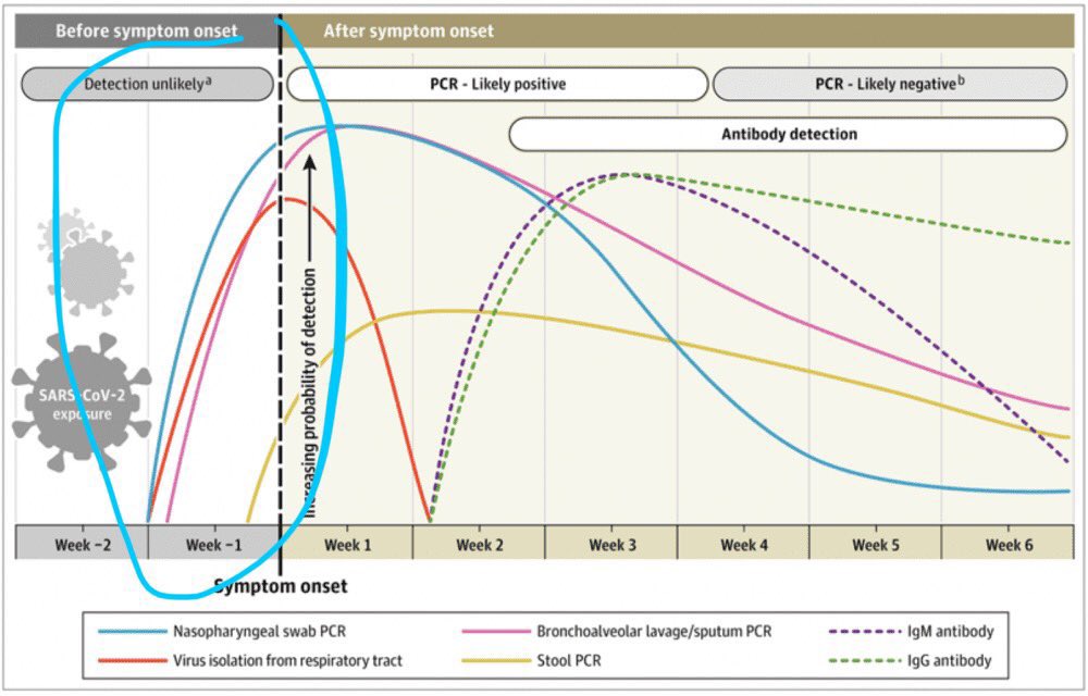 14) and during this infected-but-no-symptom window, we know cases are hard to pick up. We know this from testing performance analysis — it’s not that test is bad — it’s TIMING — too early and early viral load buildup just harder to pickup before symptoms onset (if any at all)