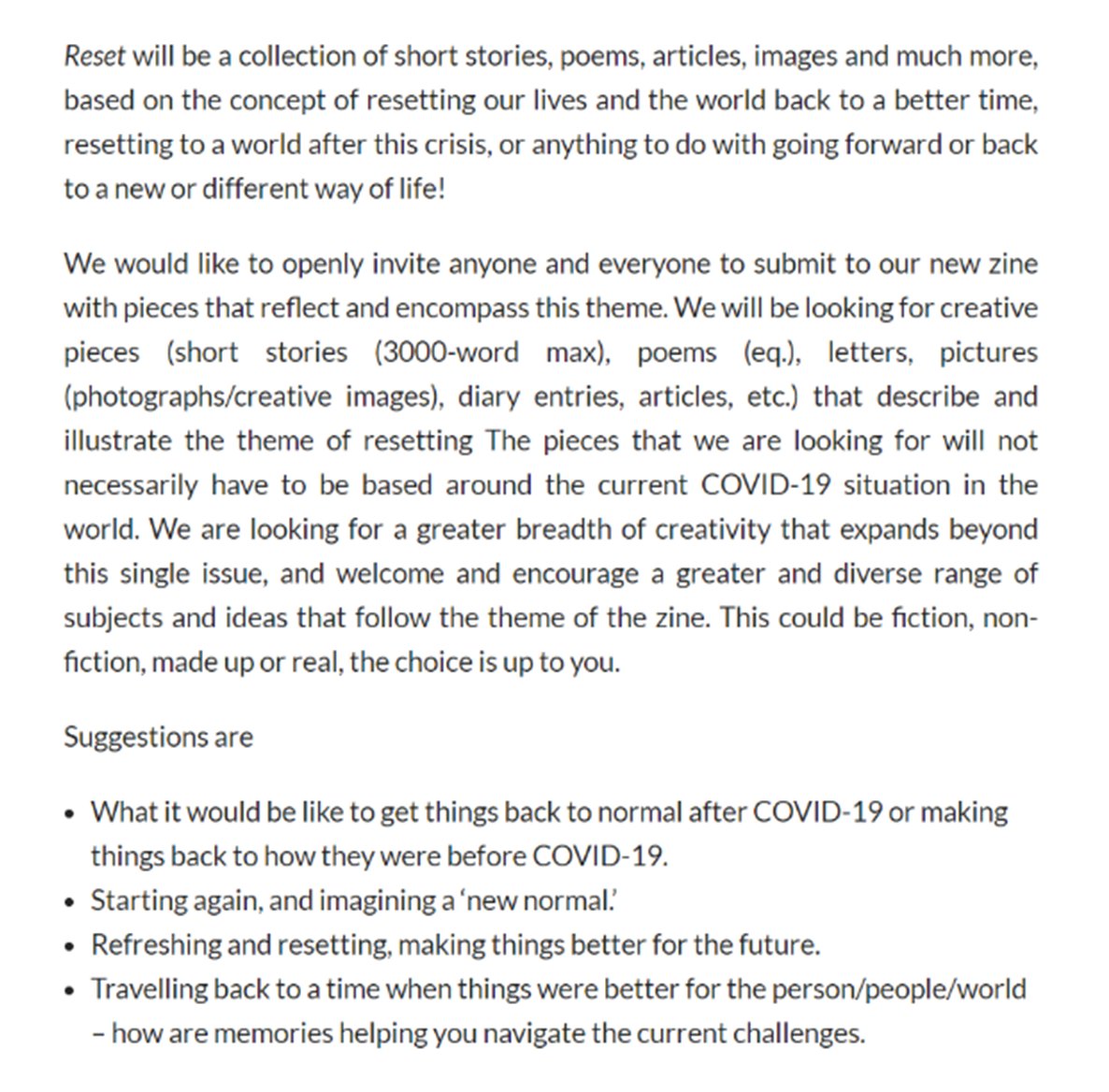 Two weeks remain for entries to our #zine, Reset!

With loads of #shortstories #poetry &amp; other #creative works already, we are still eager to see more!

For more info, please see below or our link:
margatebookie.com/reset-a-margat…

Please #RETWEEET &amp; share the word!

#WritingCommunity