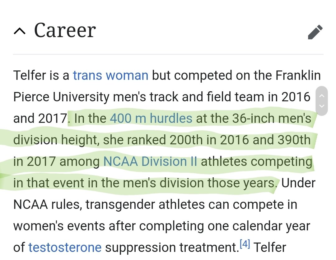 In 2017 Craid Telfor ranked 390th in the mens 400m hurdles.In 2018 Craig Telfor transitioned and became CeCe Telfor.In 2019 CeCe Telfor won the women's 400m hurdles at the Womens Division II National Championship. In what moral universe is this fair to women?