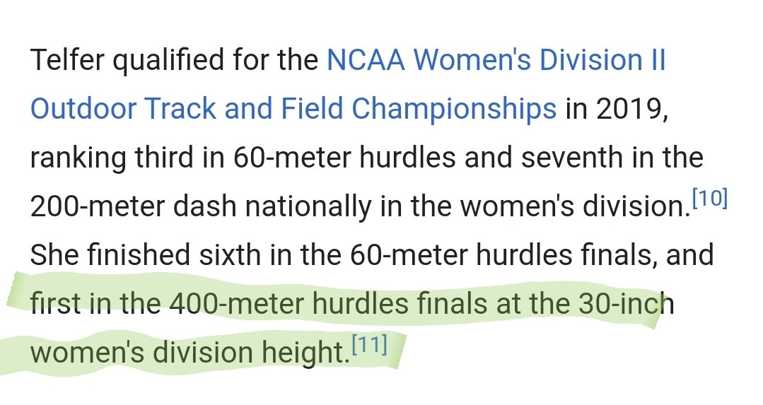 In 2017 Craid Telfor ranked 390th in the mens 400m hurdles.In 2018 Craig Telfor transitioned and became CeCe Telfor.In 2019 CeCe Telfor won the women's 400m hurdles at the Womens Division II National Championship. In what moral universe is this fair to women?