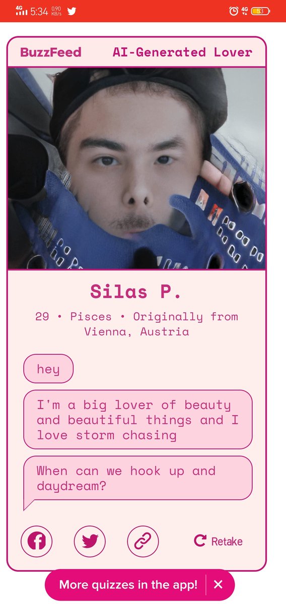 kaelaroee's tweet photo. I tried the Buzzfeed perfect partner AI quizz and here are a few of the results i got: https://t.co/VABIaum450