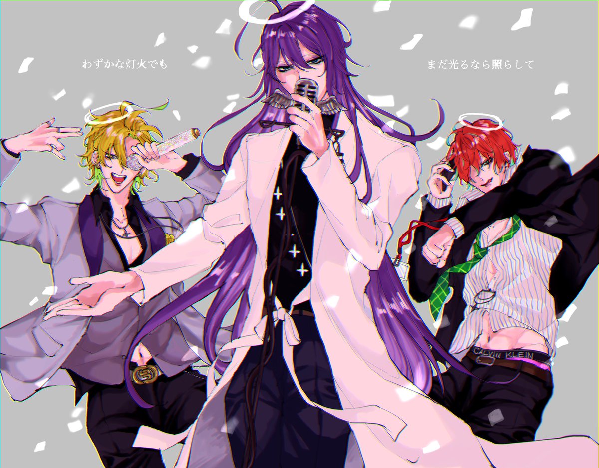 kamui gakupo 3boys male focus multiple boys purple hair microphone long hair blonde hair  illustration images